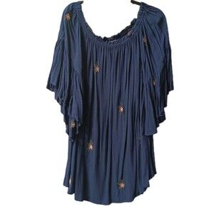 3XL Embroidered Top Navy Floral Peasant Elastic Neck Feathers Flowy Cottagecore